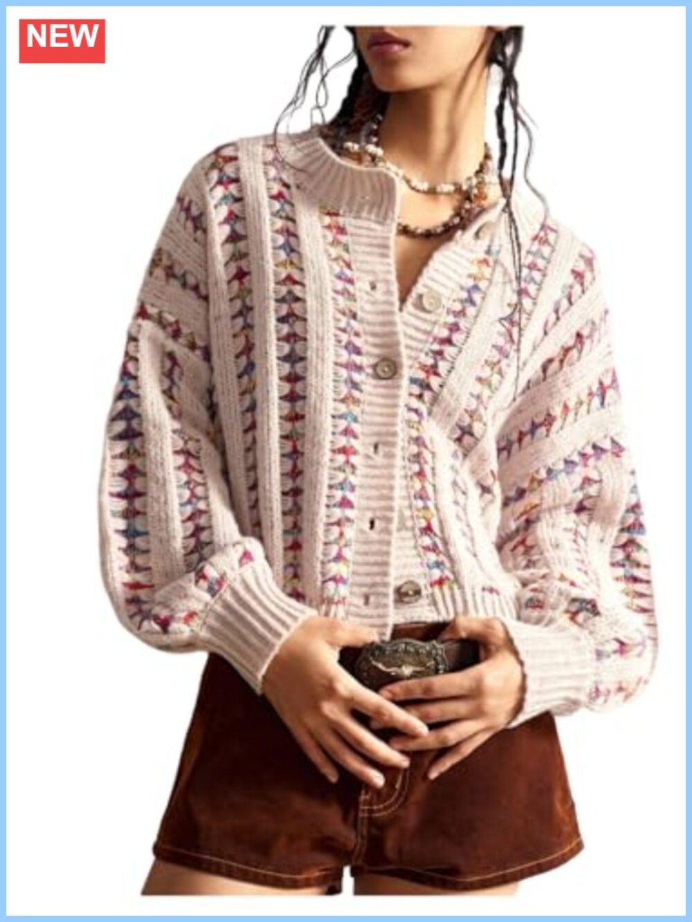 Boho Striped Cropped Cardigan Long Sleeve Button Up Sweater
